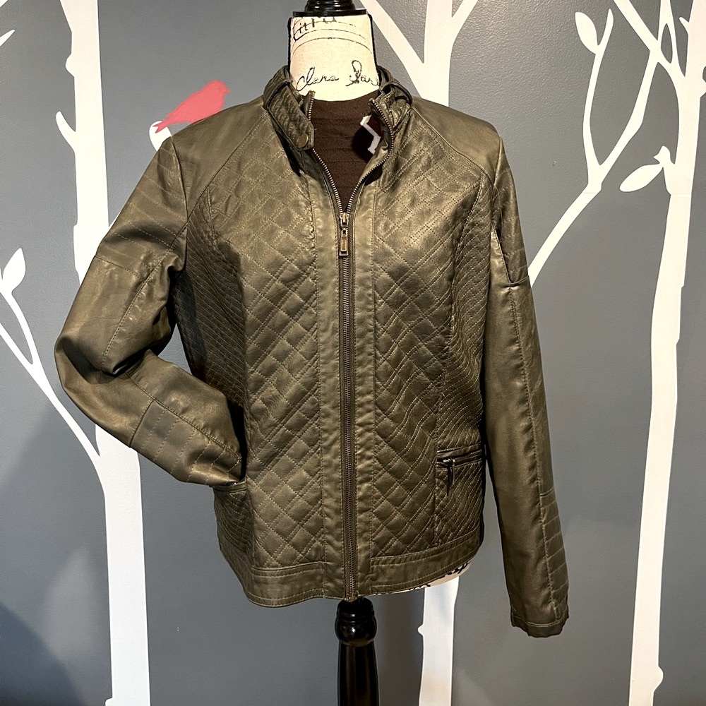 ODYN Olive Green Faux Leather Motorcycle Jacket